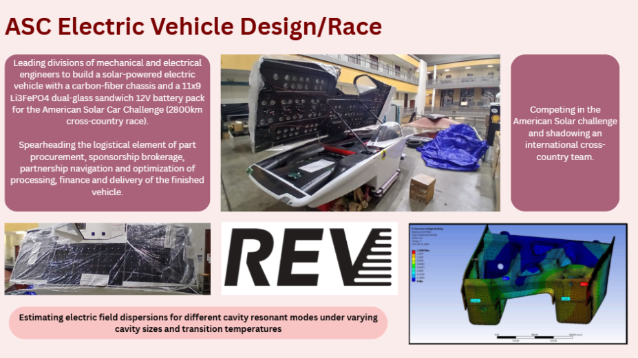 Slide titled ASC Electric Vehicle Design/Race, with the solar car, the REV mark, and a chassis simulation.