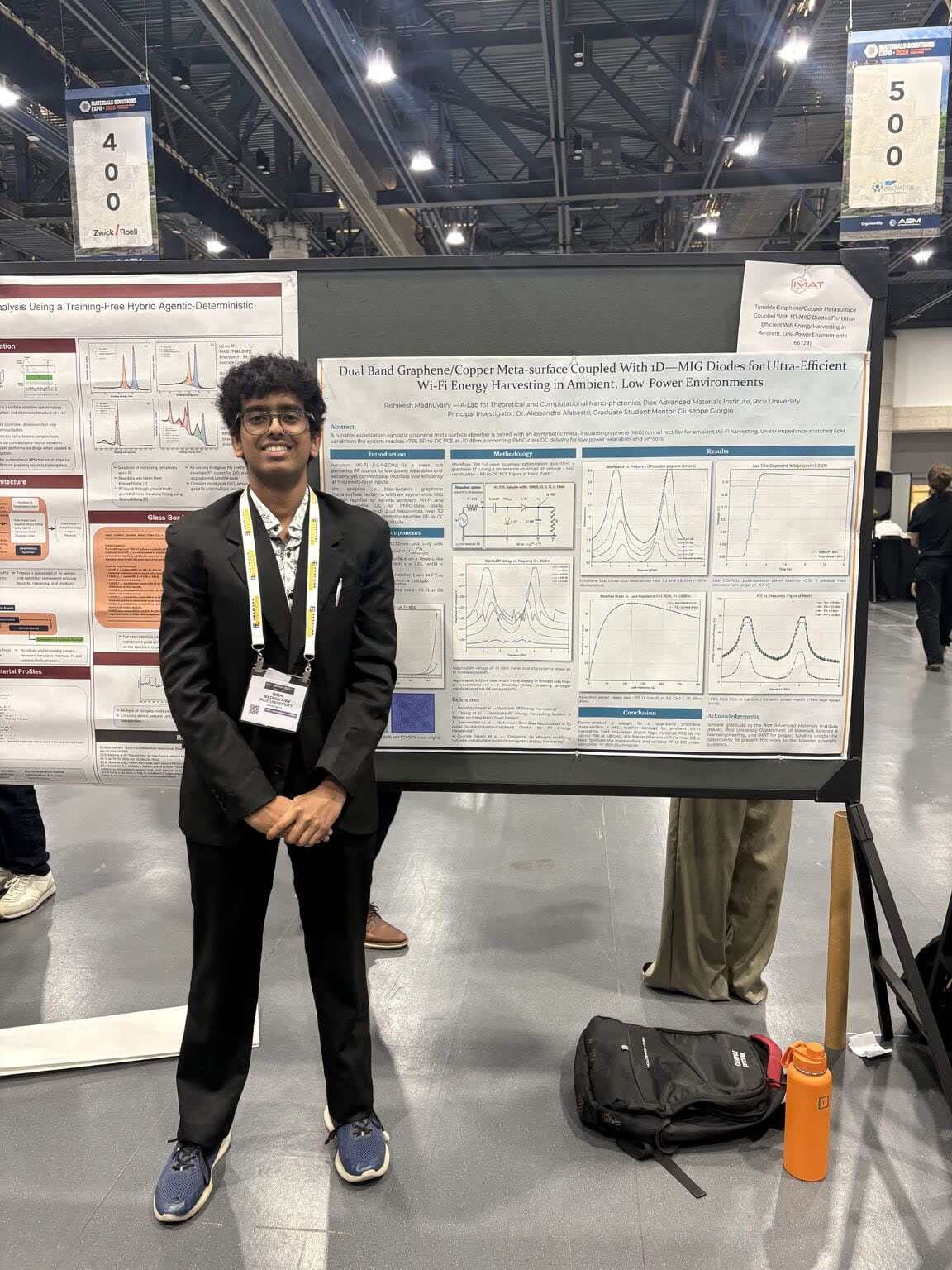 Rishi Madhuvairy at IMAT 2026 in Québec City, standing in front of his poster on a dual-band graphene and copper metasurface for Wi-Fi energy harvesting.